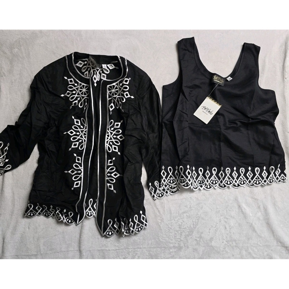 Bob Mackie Wearable Art Black Cut Out Embroidery Linen Jacket Medium New NWT